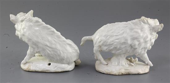 A rare pair of Derby dry-edge figures of wild boars, c.1750-5, l. 14.5cm and 16,.5cm, small areas of restoration